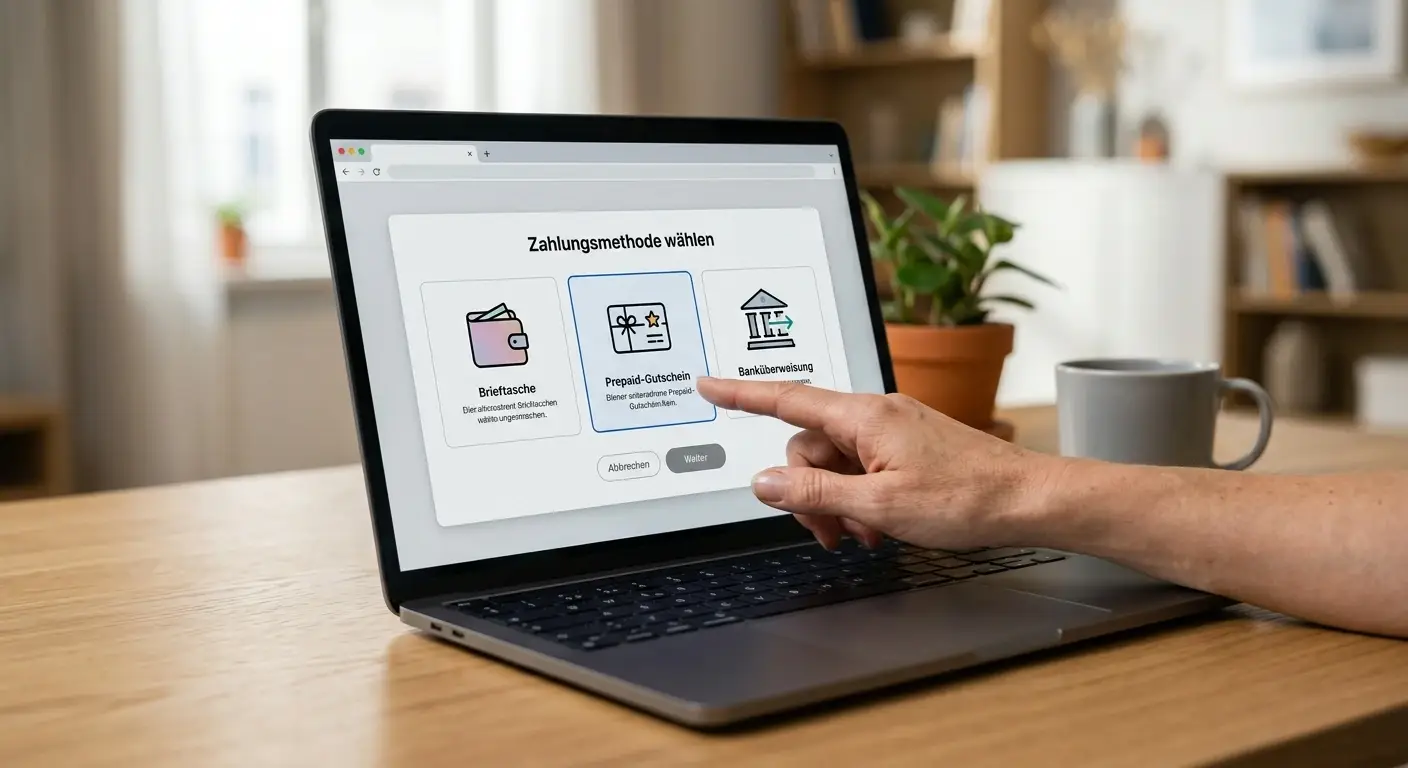 Laptop mit neutralen Symbolen für PayPal, Prepaid und Banküberweisung