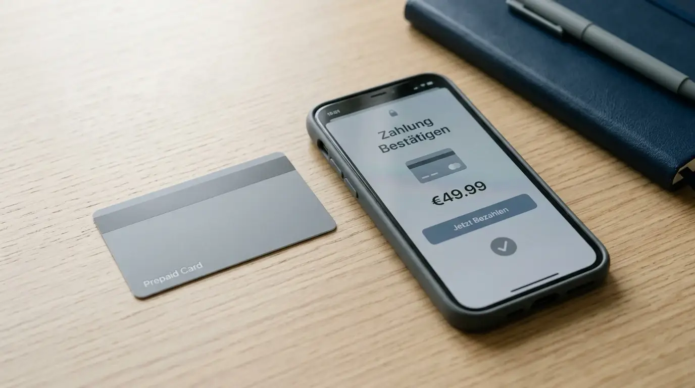 Prepaid-Guthabenkarte und Smartphone mit neutraler Zahlungsoberfläche auf einem Schreibtisch