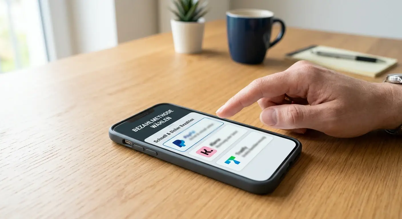 Smartphone mit Zahlungsauswahl PayPal, Klarna, Trustly