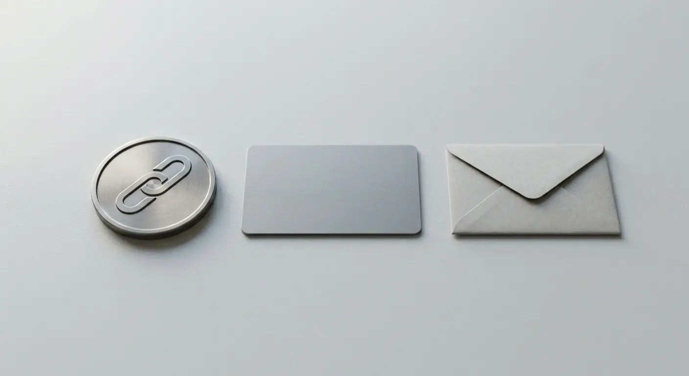 Drei nebeneinander liegende Symbole für Kryptowährung, E-Wallet und Banküberweisung auf einem sauberen Tisch